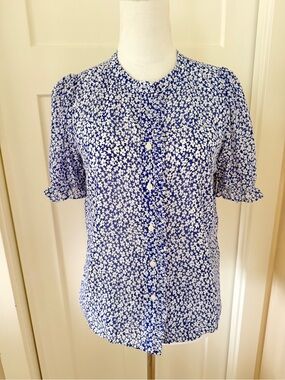 J. Crew Factory Blue and White Floral Short-Sleeve Button Blouse